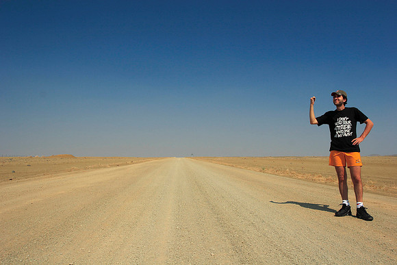 fernando looking for a ride through namibia