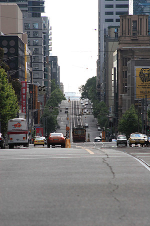 tram traveling down la trobe street, downtown melbourne