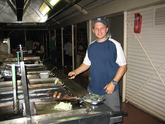 rick cooking kangaroo, crocodile and emu on the bbq