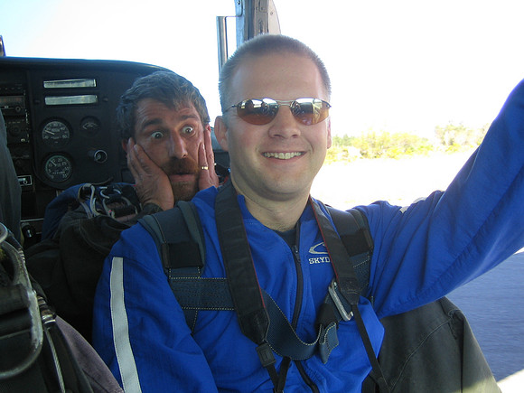 rick getting ready for the jump, the instructor isn't looking so confident