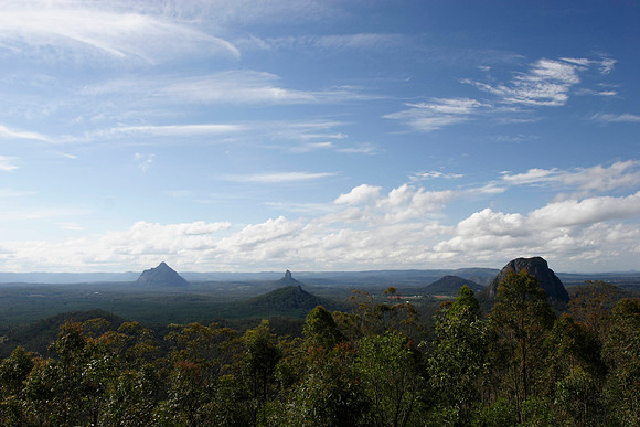 view of the glass house mountains from the top of mt. beerburrum